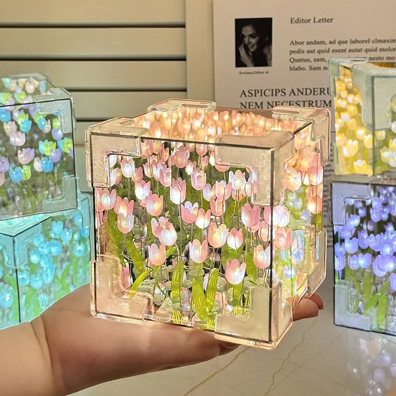 DIY 튤립 거울 큐브 램프 시뮬레이션 꽃 침실 수면  - Light Art And Craft 리뷰 및 가격